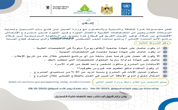 اعلان عن فرص تشغيل مؤقت ضمن القطاع الصحي